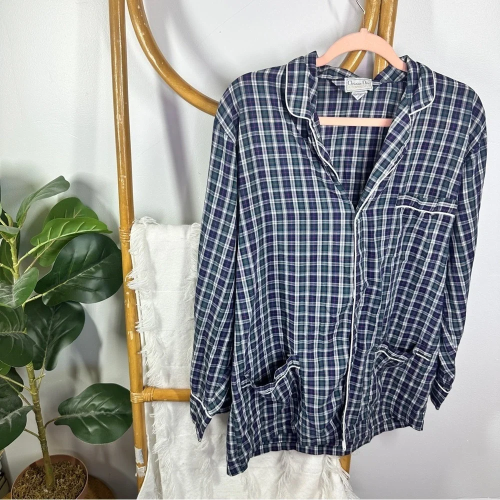 Vintage Christian Dior Blue Plaid Button Down Pajama Top sz M - Picture 1 of 3